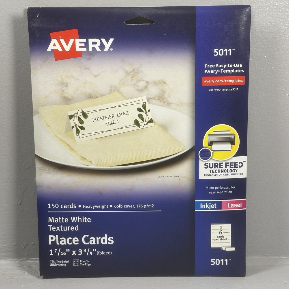 Avery 5011 Place Cards 1-7/16" x 3-3/4" Matte White Textured - 150 Pc‎ Lot of 2